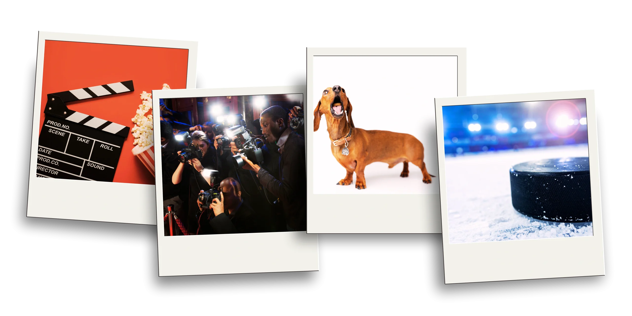 Polaroid-style collage for Cheryl Campbell hockey romance featuring a movie clapperboard, paparazzi, dachshund, and hockey puck on the ice.