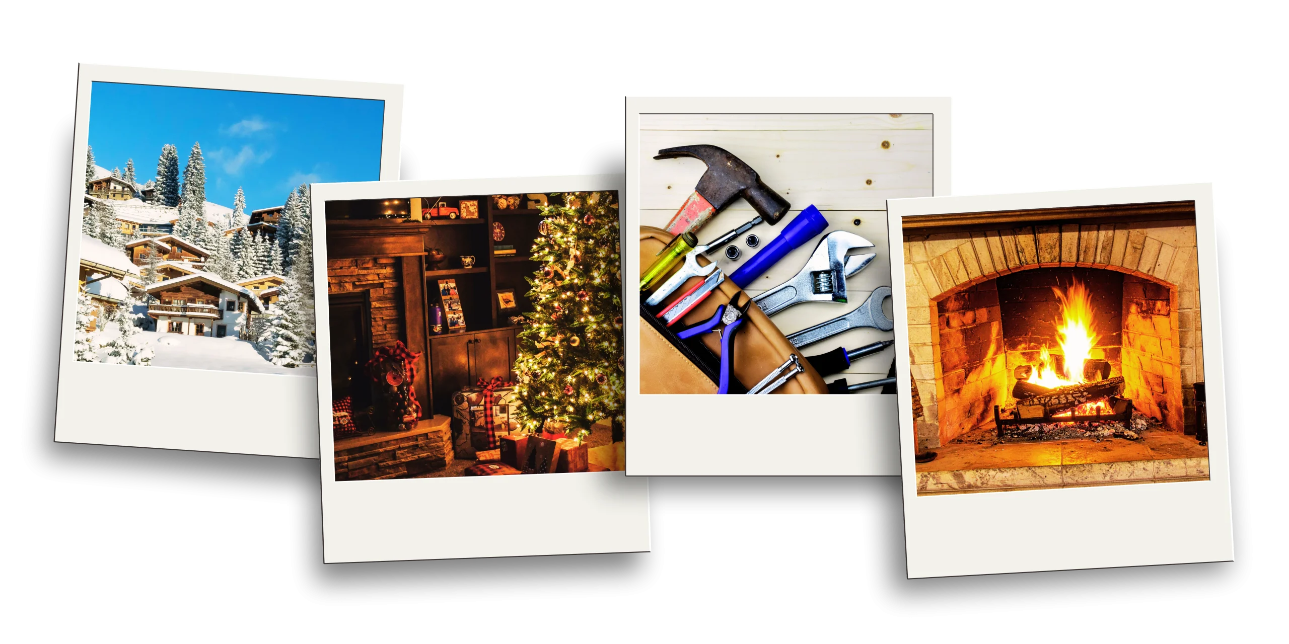 Polaroid-style collage for Cheryl Campbell’s Decker Halls Christmas romance novella featuring a snowy cabin, Christmas tree, handyman tools, and cozy fireplace.