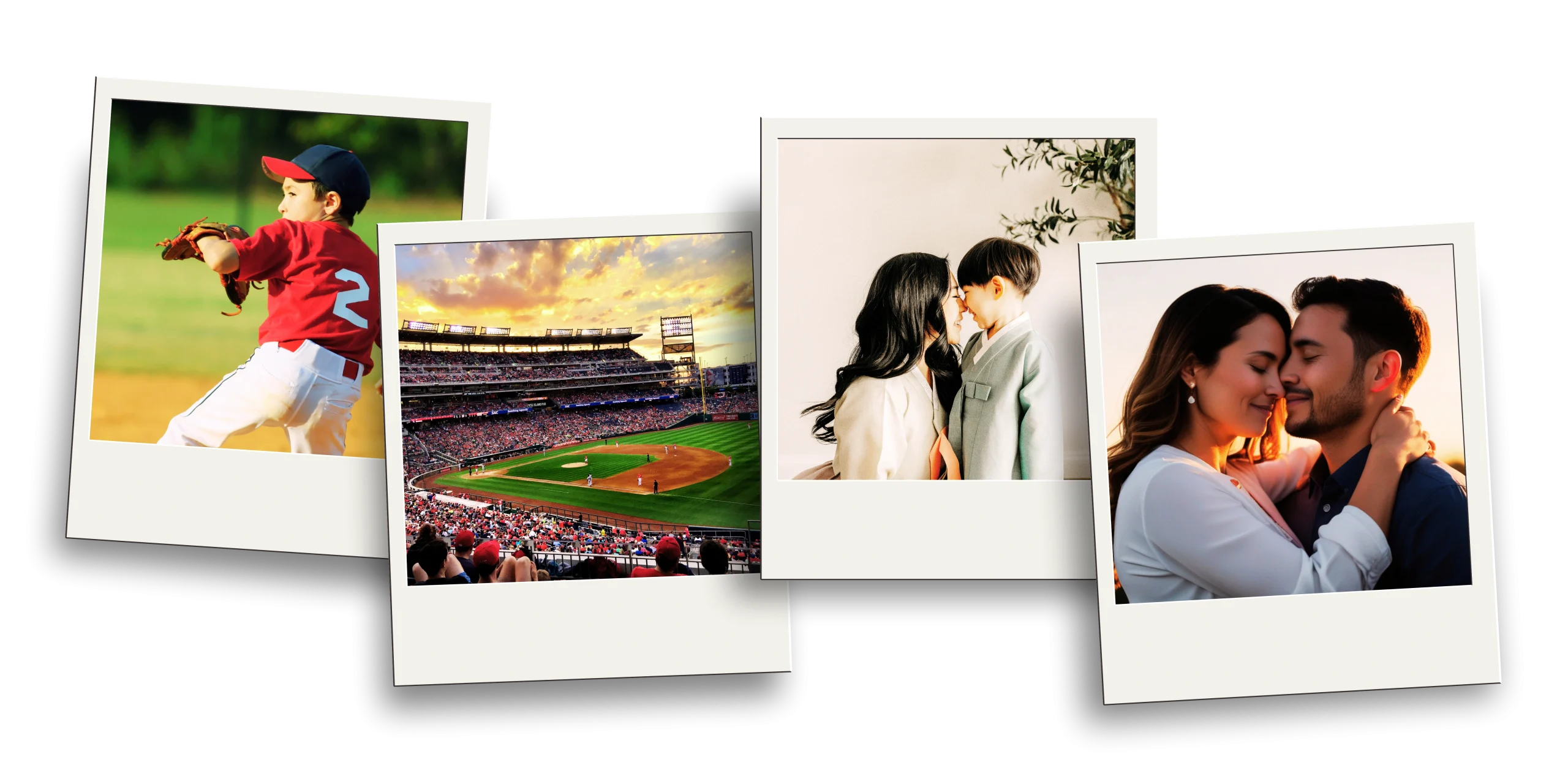 Polaroid-style collage for Cheryl Campbell baseball romance books featuring a young baseball player, stadium, family moment, and romantic couple.