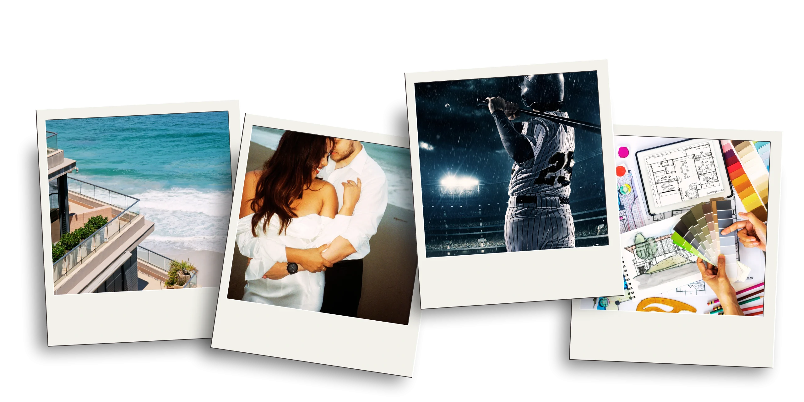 Polaroid-style collage for Cheryl Campbell contemporary baseball romance featuring an oceanfront home, romantic couple, baseball player, and interior design plans.