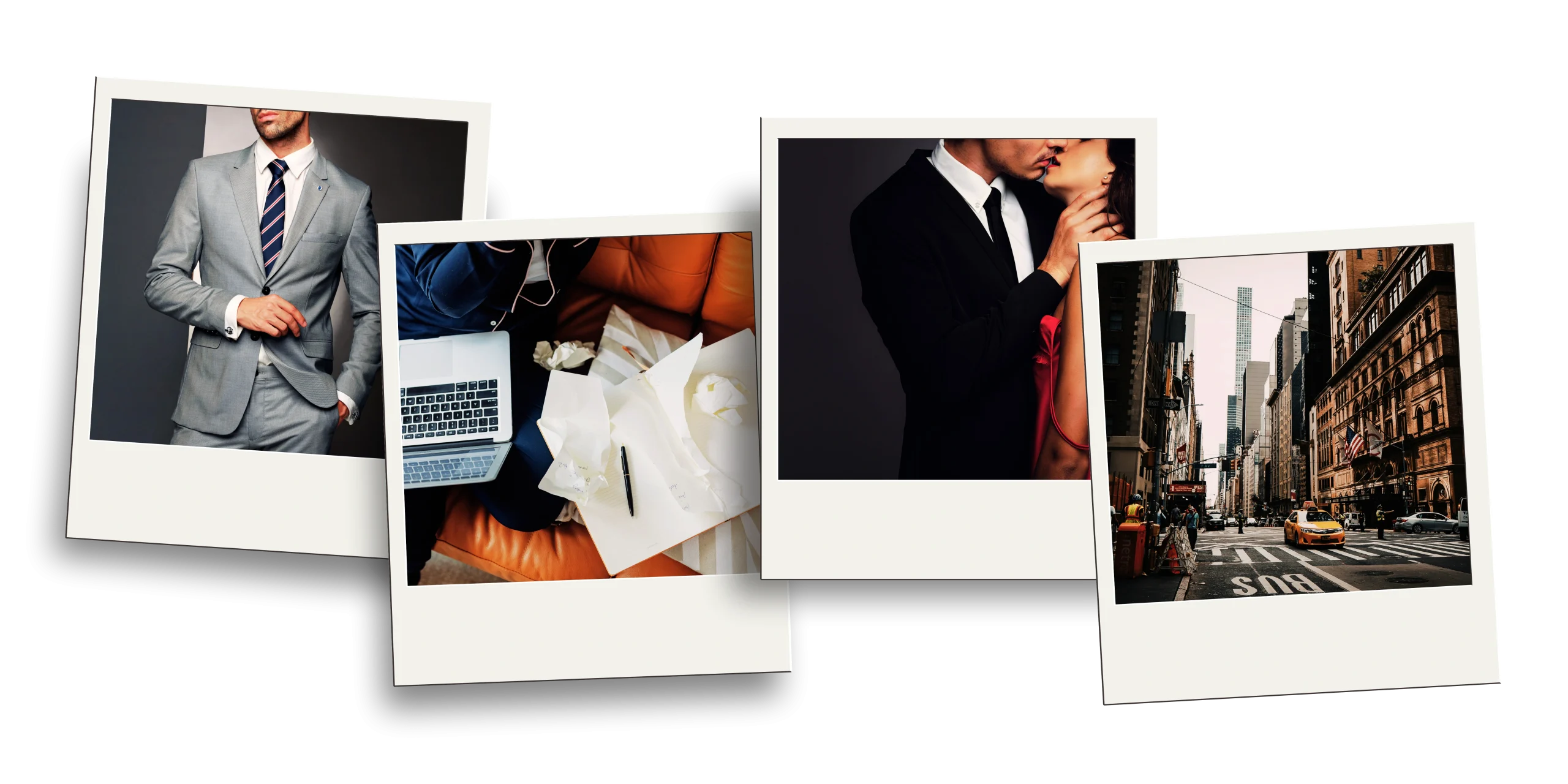 Polaroid-style collage for Cheryl Campbell romance books featuring a suited man, romantic couple, city street, and work desk for contemporary sports romance readers.