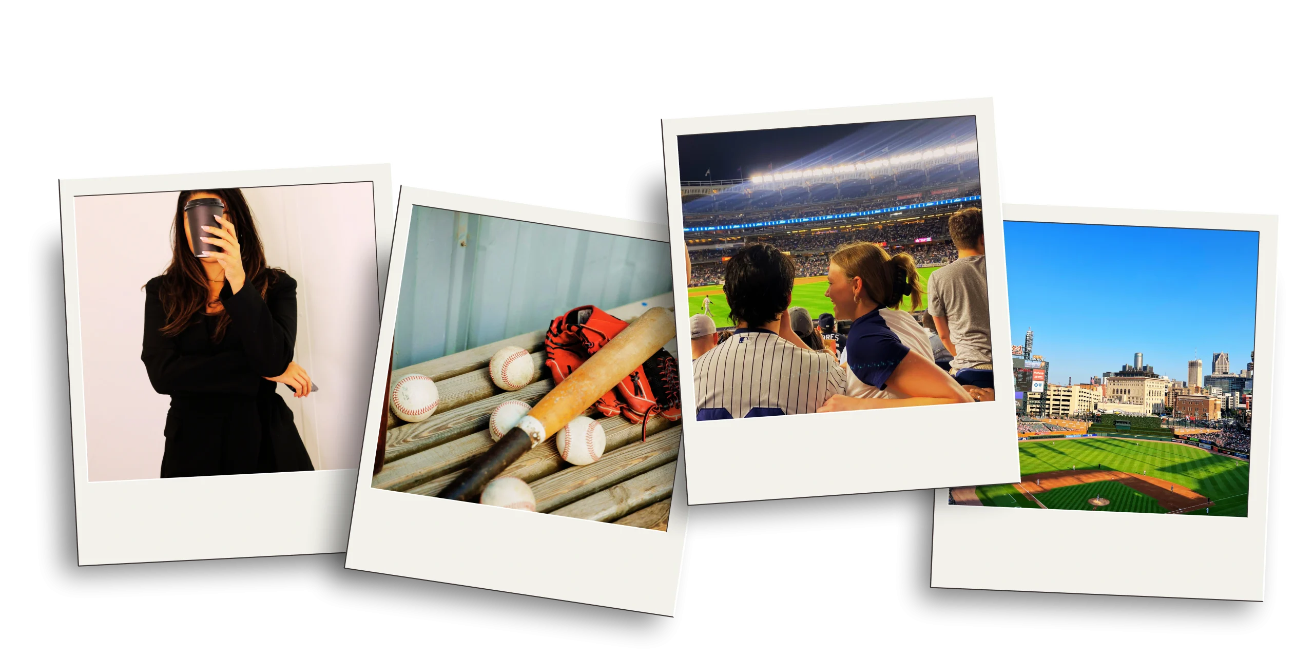 Polaroid-style collage for Cheryl Campbell baseball romance books featuring a woman, baseball bats and balls, fans at a stadium, and a baseball field city view.